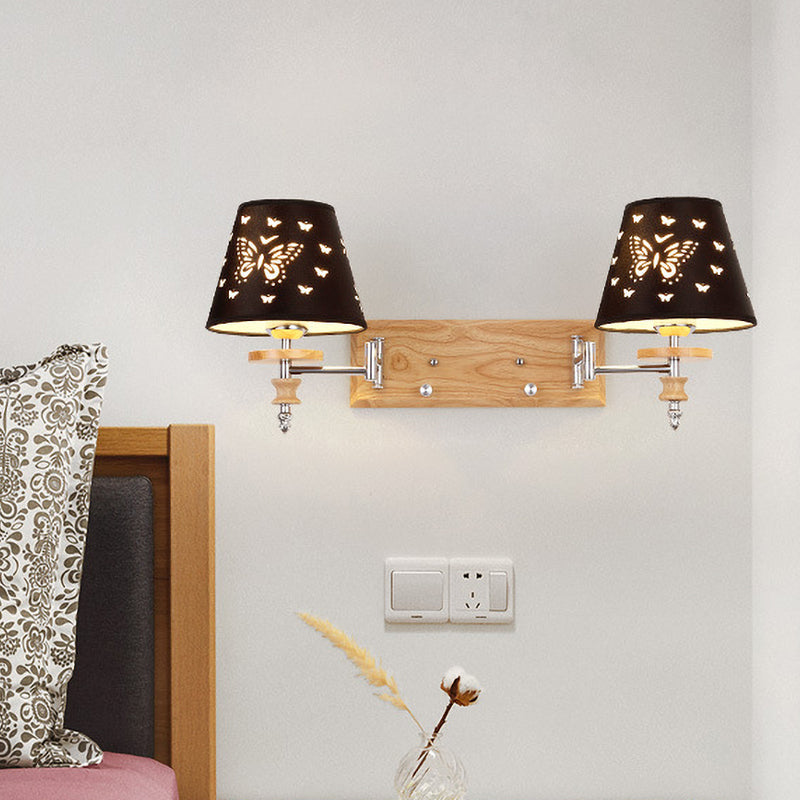 Black Barrel Fabric Sconce Light Kids 1/2 Lights Wood Wall Mounted Lamp with Butterflies Pattern Clearhalo 'Wall Lamps & Sconces' 'Wall Lights' Lighting' 810728