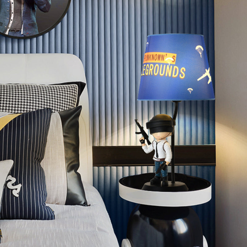 Barrel Night Light Kids Fabric 1 Head Blue Table Lamp for Bedroom with Squatting/Standing Soldier Decoration Clearhalo 'Lamps' 'Table Lamps' Lighting' 810741