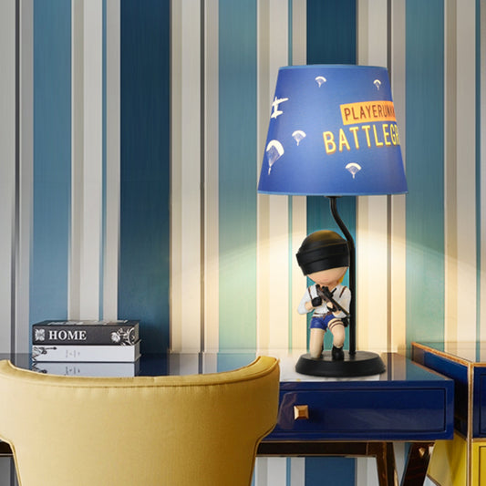 Barrel Night Light Kids Fabric 1 Head Blue Table Lamp for Bedroom with Squatting/Standing Soldier Decoration Clearhalo 'Lamps' 'Table Lamps' Lighting' 810745