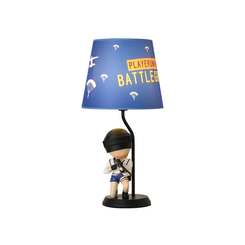 Barrel Night Light Kids Fabric 1 Head Blue Table Lamp for Bedroom with Squatting/Standing Soldier Decoration Clearhalo 'Lamps' 'Table Lamps' Lighting' 810747
