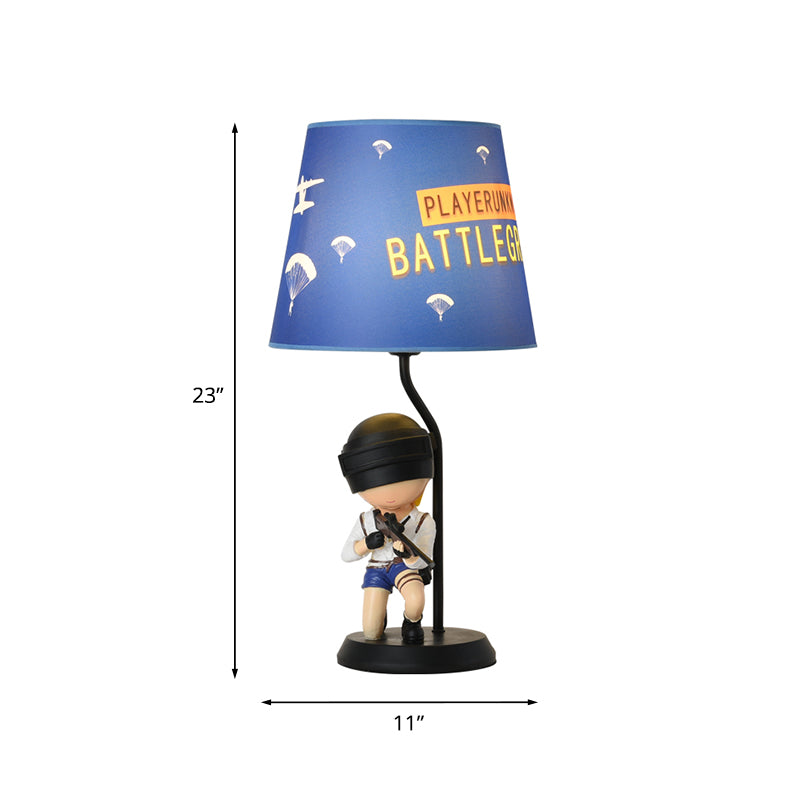 Barrel Night Light Kids Fabric 1 Head Blue Table Lamp for Bedroom with Squatting/Standing Soldier Decoration Clearhalo 'Lamps' 'Table Lamps' Lighting' 810748