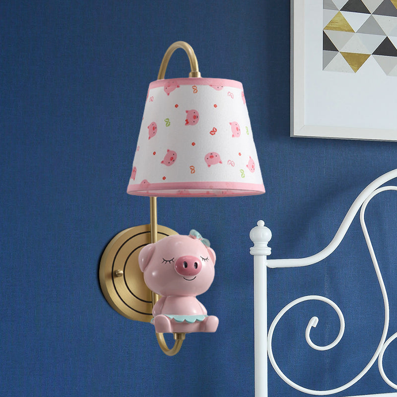 Barrel Sconce Light Fixture Kids Fabric Single Head Gold Wall Lighting with Cartoon Pig/Mouse/Dragon Decoration Gold B Clearhalo 'Wall Lamps & Sconces' 'Wall Lights' Lighting' 811470