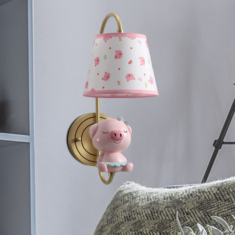 Barrel Sconce Light Fixture Kids Fabric Single Head Gold Wall Lighting with Cartoon Pig/Mouse/Dragon Decoration Clearhalo 'Wall Lamps & Sconces' 'Wall Lights' Lighting' 811471