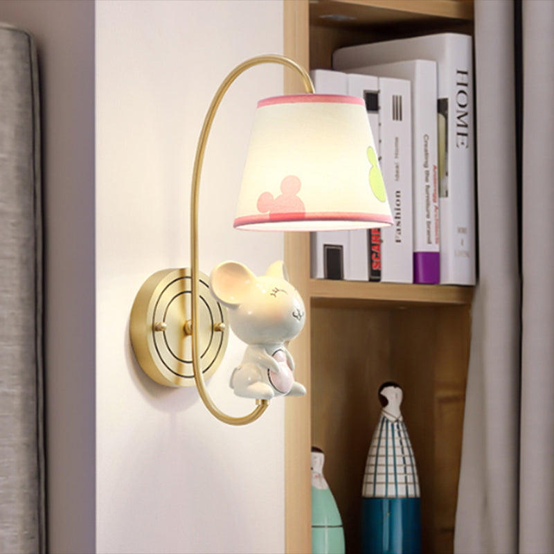 Barrel Sconce Light Fixture Kids Fabric Single Head Gold Wall Lighting with Cartoon Pig/Mouse/Dragon Decoration Gold A Clearhalo 'Wall Lamps & Sconces' 'Wall Lights' Lighting' 811474