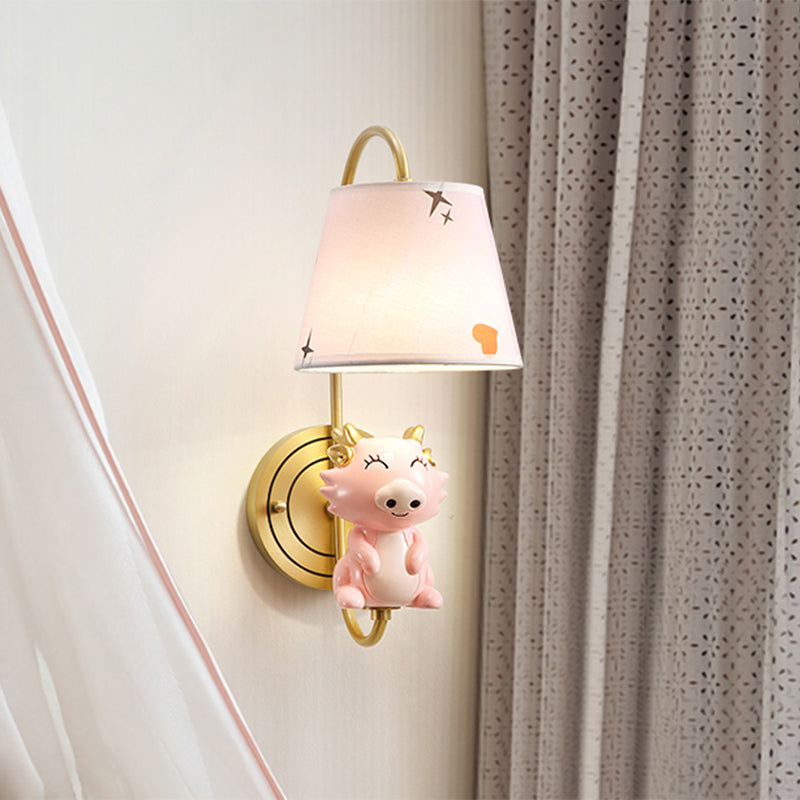 Barrel Sconce Light Fixture Kids Fabric Single Head Gold Wall Lighting with Cartoon Pig/Mouse/Dragon Decoration Gold C Clearhalo 'Wall Lamps & Sconces' 'Wall Lights' Lighting' 811478