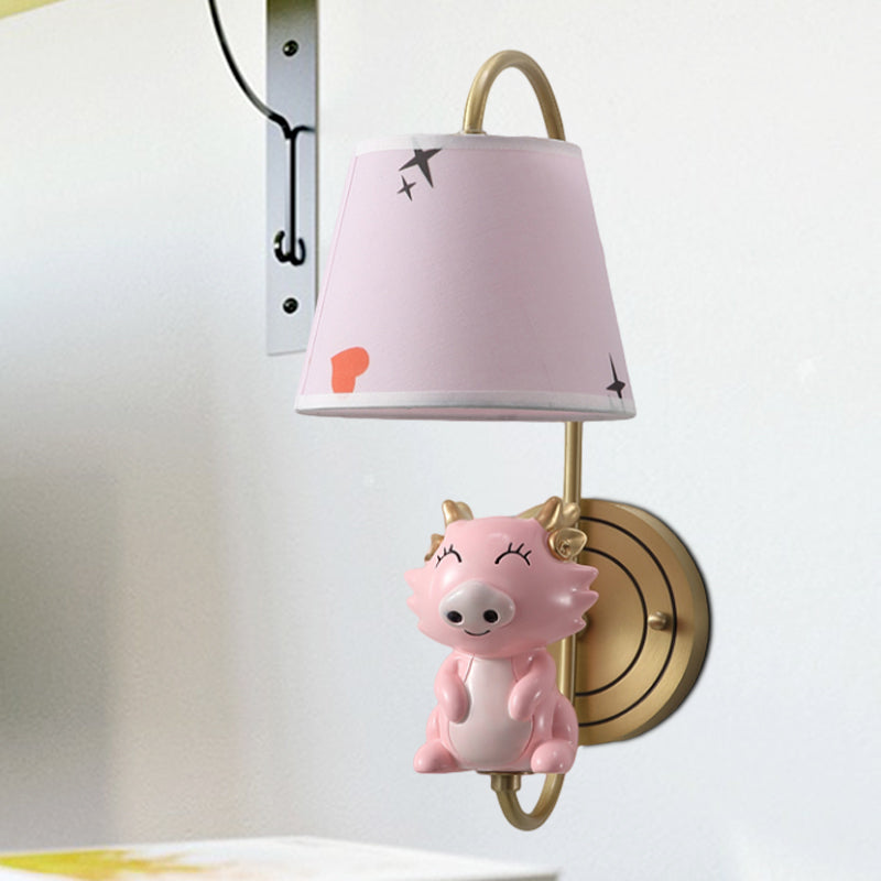 Barrel Sconce Light Fixture Kids Fabric Single Head Gold Wall Lighting with Cartoon Pig/Mouse/Dragon Decoration Clearhalo 'Wall Lamps & Sconces' 'Wall Lights' Lighting' 811479