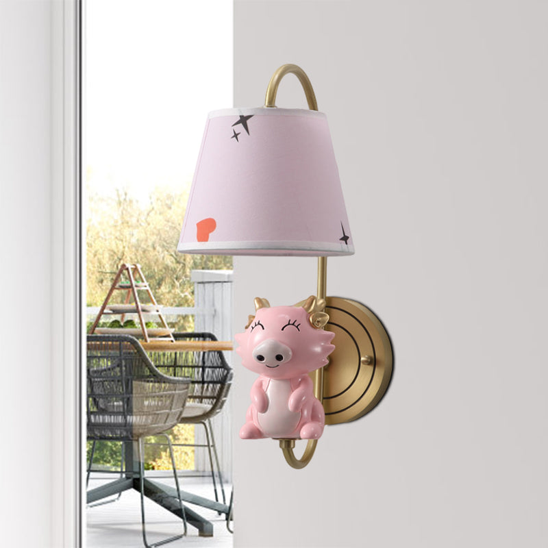 Barrel Sconce Light Fixture Kids Fabric Single Head Gold Wall Lighting with Cartoon Pig/Mouse/Dragon Decoration Clearhalo 'Wall Lamps & Sconces' 'Wall Lights' Lighting' 811480