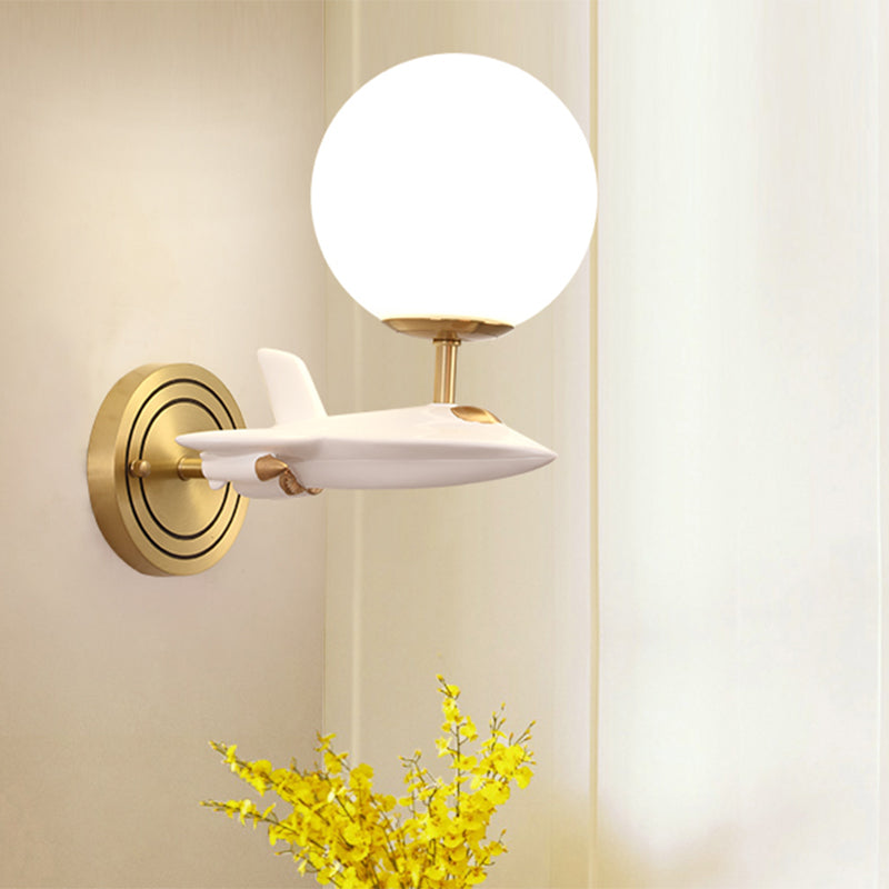 Kids Spaceship Shape Base Gold Wall Light Fixture 1/2 Bulbs Sconce Light with Globe Cream Glass Shade in White and Gold Clearhalo 'Wall Lamps & Sconces' 'Wall Lights' Lighting' 811495