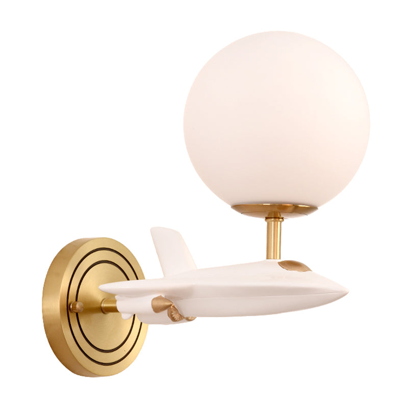 Kids Spaceship Shape Base Gold Wall Light Fixture 1/2 Bulbs Sconce Light with Globe Cream Glass Shade in White and Gold Clearhalo 'Wall Lamps & Sconces' 'Wall Lights' Lighting' 811496