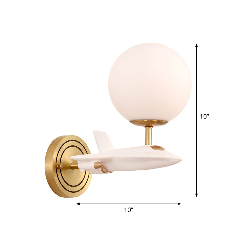 Kids Spaceship Shape Base Gold Wall Light Fixture 1/2 Bulbs Sconce Light with Globe Cream Glass Shade in White and Gold Clearhalo 'Wall Lamps & Sconces' 'Wall Lights' Lighting' 811497