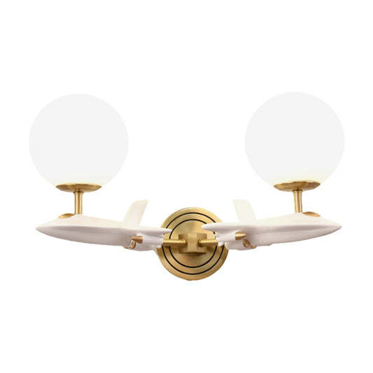 Kids Spaceship Shape Base Gold Wall Light Fixture 1/2 Bulbs Sconce Light with Globe Cream Glass Shade in White and Gold Clearhalo 'Wall Lamps & Sconces' 'Wall Lights' Lighting' 811501