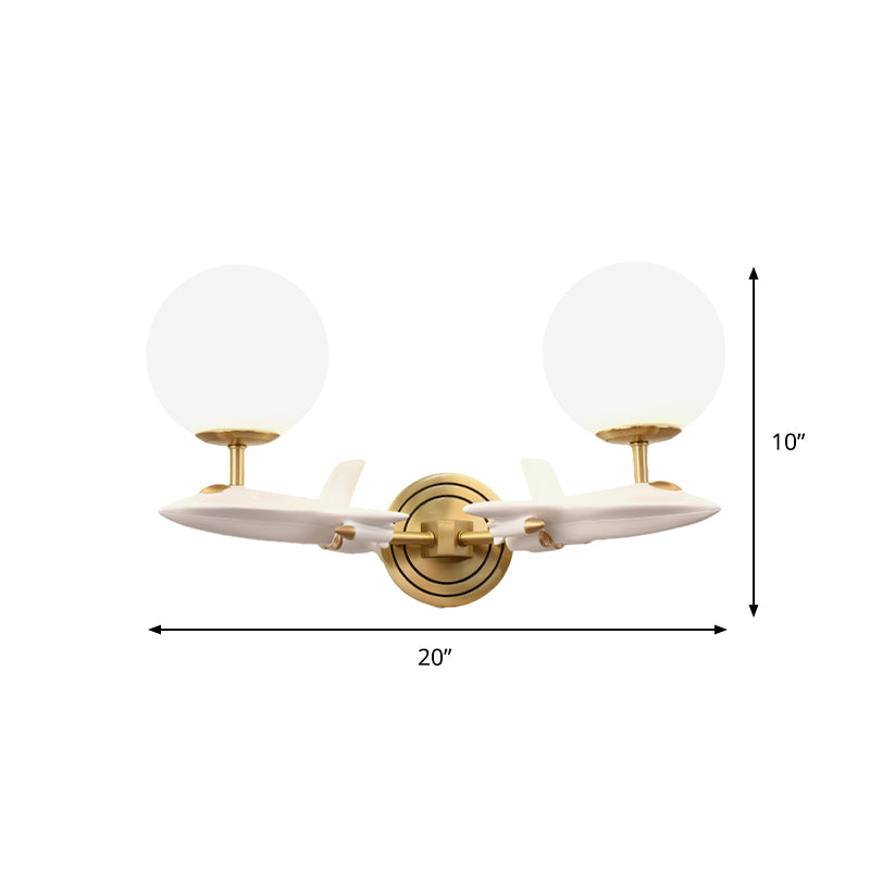 Kids Spaceship Shape Base Gold Wall Light Fixture 1/2 Bulbs Sconce Light with Globe Cream Glass Shade in White and Gold Clearhalo 'Wall Lamps & Sconces' 'Wall Lights' Lighting' 811502