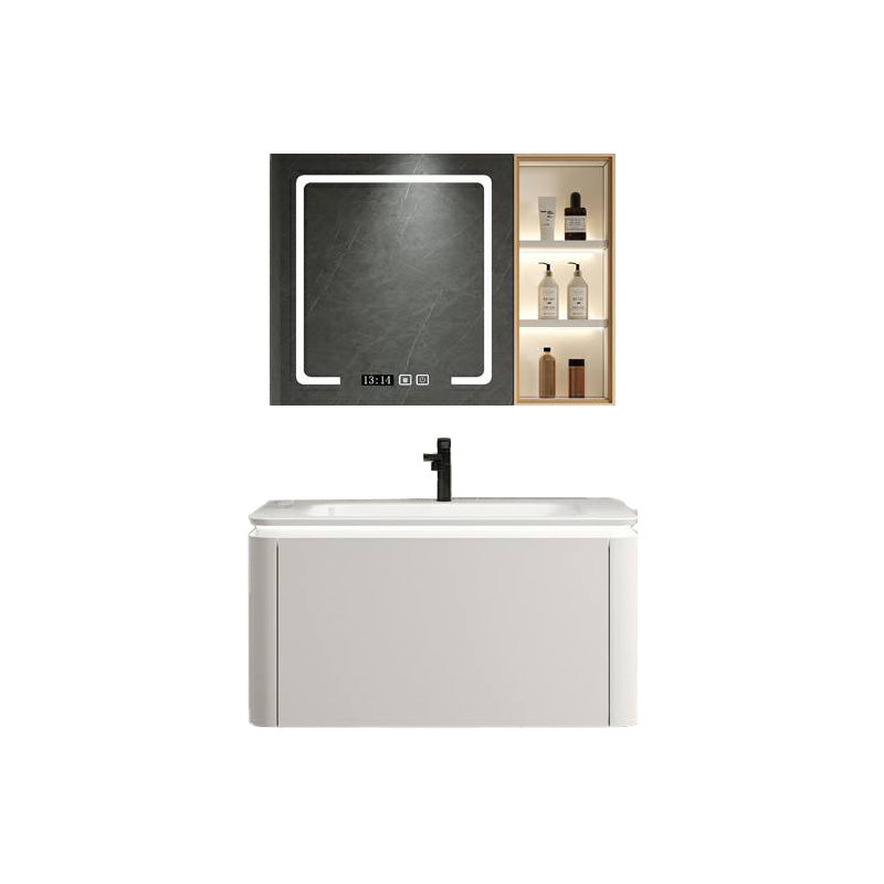 Wall Mounted Bathroom Vanity Mirror Drawer Single Sink Wood Rectangular in White Vanity & Faucet & Mirror Cabinet with Glass Door 27.6"L x 18.5"W x 17.7"H Smart Control Included Clearhalo 'Bathroom Remodel & Bathroom Fixtures' 'Bathroom Vanities' 'bathroom_vanities' 'Home Improvement' 'home_improvement' 'home_improvement_bathroom_vanities' 8118014