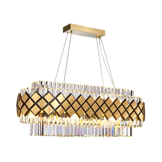 Crystal Block Oval Island Light Contemporary 16-Light Dining Room Pendant Lighting in Gold with Lattice Frame Clearhalo 'Ceiling Lights' 'Island Lights' Lighting' 812089