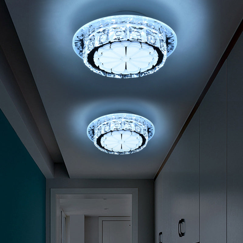 Drum Clear Crystal Flush Mount Lighting Simple 5 Lights Corridor Ceiling Flush with White Acrylic Shade White Clearhalo 'Ceiling Lights' 'Close To Ceiling Lights' 'Close to ceiling' 'Flush mount' Lighting' 812113