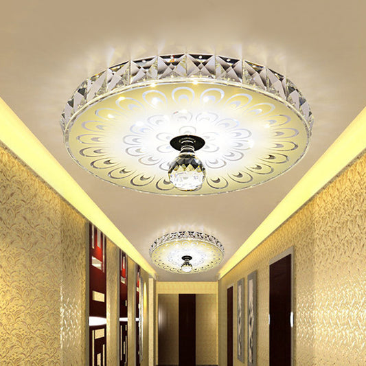 Simplicity Round Flush Mount LED Faceted Crystal Ceiling Mounted Light in White with Peacock Tail Pattern, Warm/White Light Clearhalo 'Ceiling Lights' 'Close To Ceiling Lights' 'Close to ceiling' 'Flush mount' Lighting' 812135