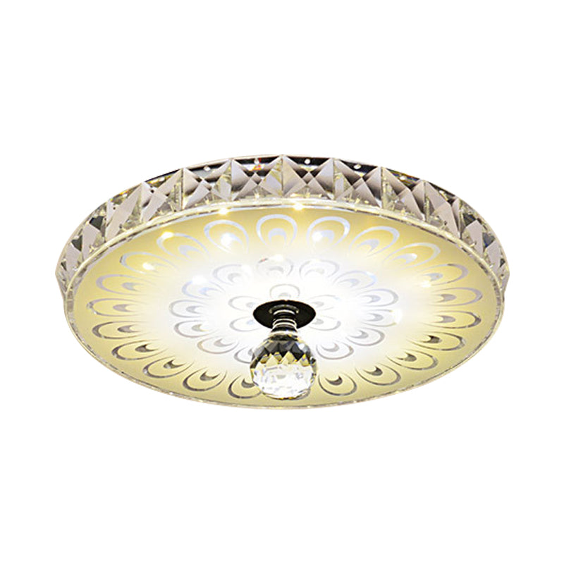 Simplicity Round Flush Mount LED Faceted Crystal Ceiling Mounted Light in White with Peacock Tail Pattern, Warm/White Light Clearhalo 'Ceiling Lights' 'Close To Ceiling Lights' 'Close to ceiling' 'Flush mount' Lighting' 812136