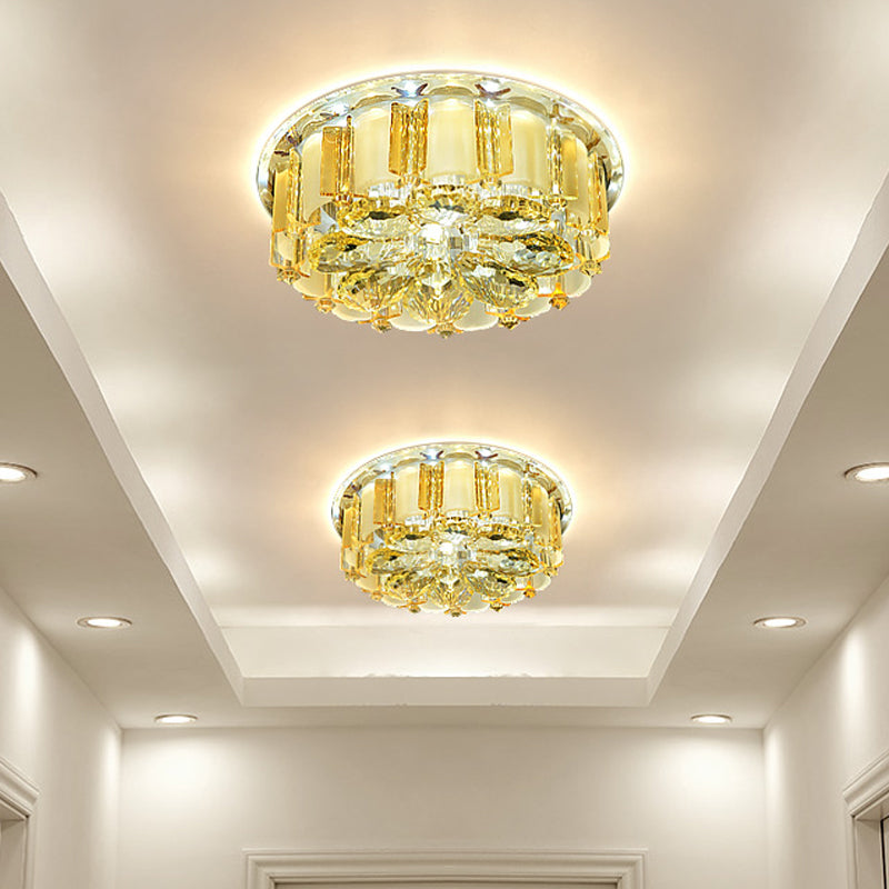 Amber Crystal Flower Flush Light Contemporary LED Hallway Ceiling Flush Mount with Drum Shade Amber Clearhalo 'Ceiling Lights' 'Close To Ceiling Lights' 'Close to ceiling' 'Flush mount' Lighting' 812138