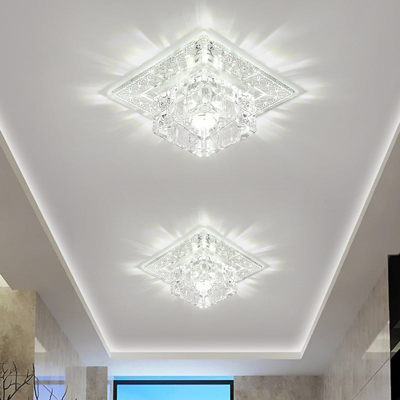 Modernist Square Ceiling Mounted Light LED Clear Crystal Block Flushmount Lighting in White/Warm Light Clear Clearhalo 'Ceiling Lights' 'Close To Ceiling Lights' 'Close to ceiling' 'Flush mount' Lighting' 812214