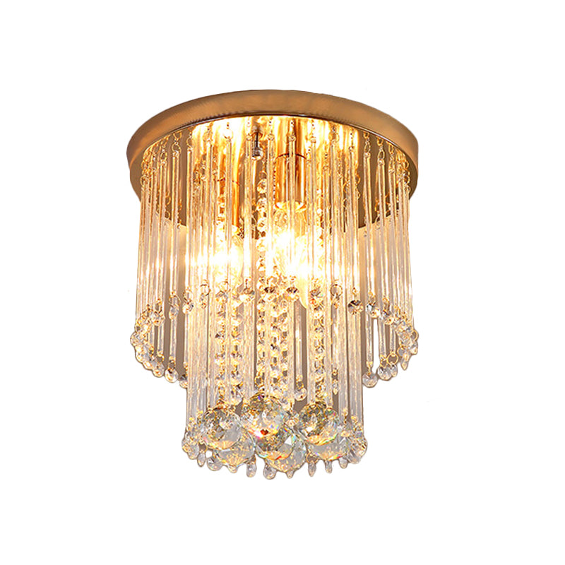 2 Bulbs Flush Mount Minimalist 2-Layered Cylinder Clear Crystal Ceiling Light Fixture in Gold Clearhalo 'Ceiling Lights' 'Close To Ceiling Lights' 'Close to ceiling' 'Flush mount' Lighting' 812268