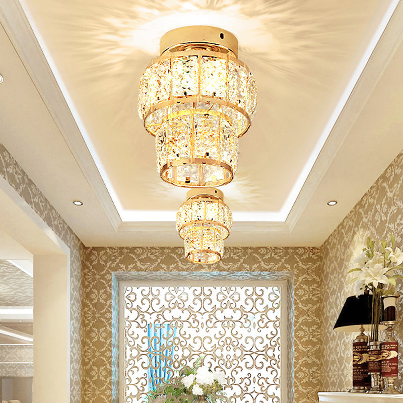 Gold Lantern/Cylinder Flush Mount Minimal Style Clear Crystal Block LED Porch Ceiling Lighting Clearhalo 'Ceiling Lights' 'Close To Ceiling Lights' 'Close to ceiling' 'Flush mount' Lighting' 812275