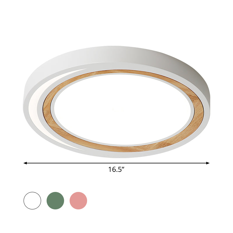 Kids Drum Ceiling Lighting Acrylic Led Bedroom Flush Mount Fixture in White/Pink/Green with Wood Ring Clearhalo 'Ceiling Lights' 'Close To Ceiling Lights' 'Close to ceiling' 'Flush mount' Lighting' 812506