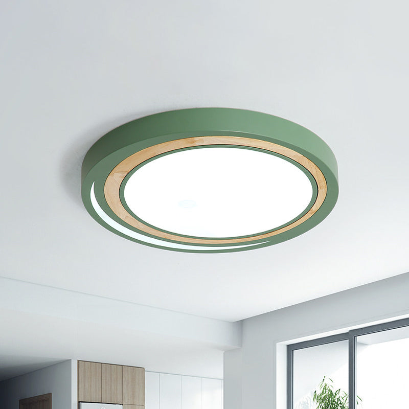 Kids Drum Ceiling Lighting Acrylic Led Bedroom Flush Mount Fixture in White/Pink/Green with Wood Ring Green Clearhalo 'Ceiling Lights' 'Close To Ceiling Lights' 'Close to ceiling' 'Flush mount' Lighting' 812507