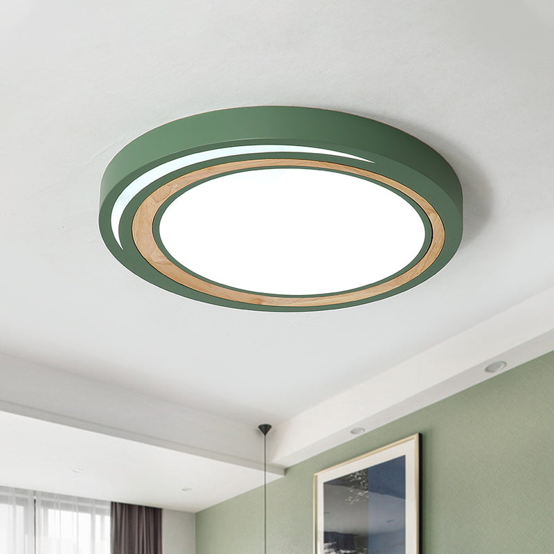 Kids Drum Ceiling Lighting Acrylic Led Bedroom Flush Mount Fixture in White/Pink/Green with Wood Ring Clearhalo 'Ceiling Lights' 'Close To Ceiling Lights' 'Close to ceiling' 'Flush mount' Lighting' 812508