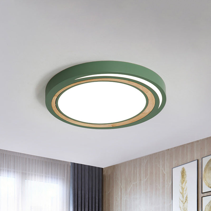 Kids Drum Ceiling Lighting Acrylic Led Bedroom Flush Mount Fixture in White/Pink/Green with Wood Ring Clearhalo 'Ceiling Lights' 'Close To Ceiling Lights' 'Close to ceiling' 'Flush mount' Lighting' 812509