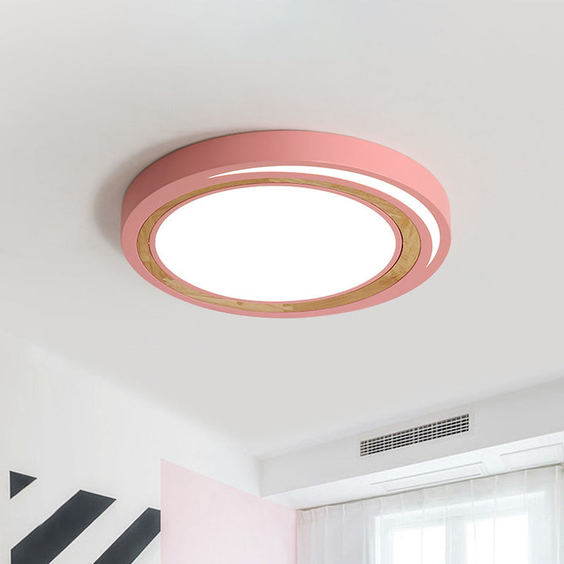 Kids Drum Ceiling Lighting Acrylic Led Bedroom Flush Mount Fixture in White/Pink/Green with Wood Ring Pink Clearhalo 'Ceiling Lights' 'Close To Ceiling Lights' 'Close to ceiling' 'Flush mount' Lighting' 812511