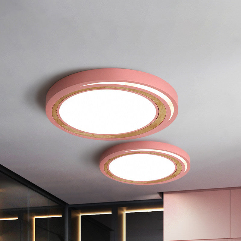 Kids Drum Ceiling Lighting Acrylic Led Bedroom Flush Mount Fixture in White/Pink/Green with Wood Ring Clearhalo 'Ceiling Lights' 'Close To Ceiling Lights' 'Close to ceiling' 'Flush mount' Lighting' 812512