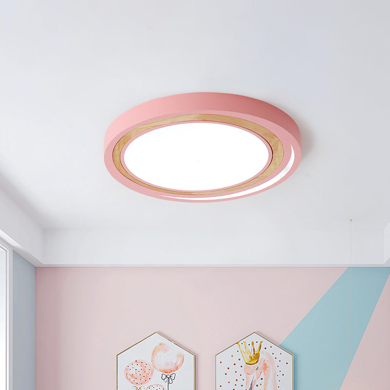 Kids Drum Ceiling Lighting Acrylic Led Bedroom Flush Mount Fixture in White/Pink/Green with Wood Ring Clearhalo 'Ceiling Lights' 'Close To Ceiling Lights' 'Close to ceiling' 'Flush mount' Lighting' 812513