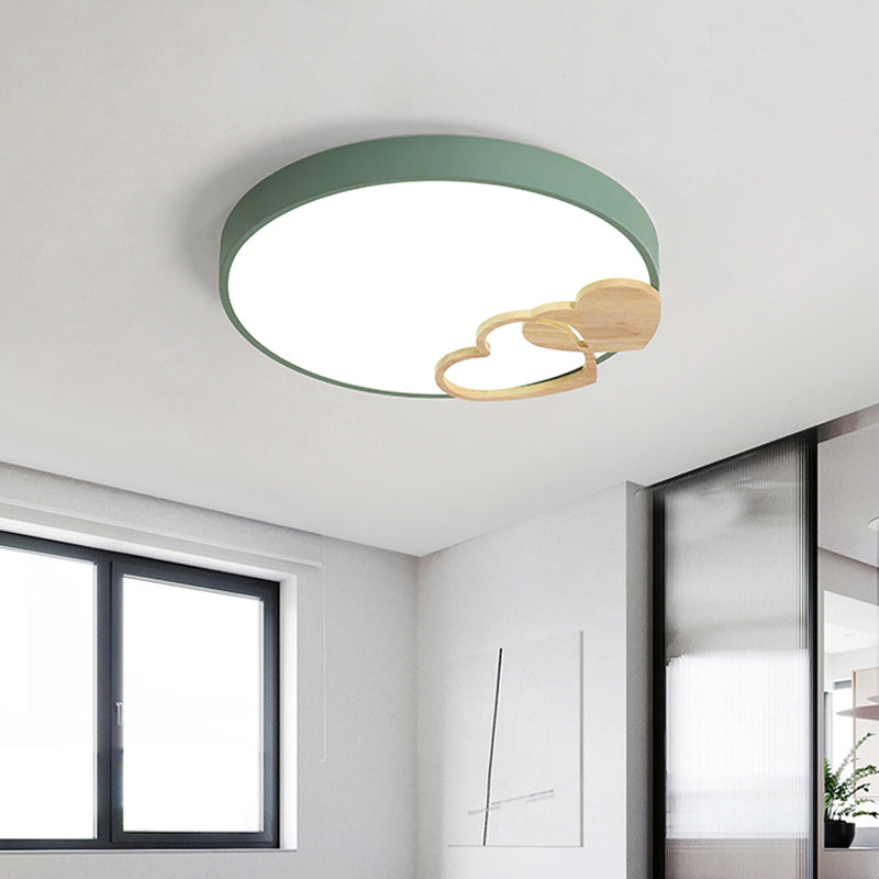 Acrylic Drum Flush Mount Lighting Nordic Led Gray/White/Green Close to Ceiling Light with Heart Decoration Green Clearhalo 'Ceiling Lights' 'Close To Ceiling Lights' 'Close to ceiling' 'Flush mount' Lighting' 812519