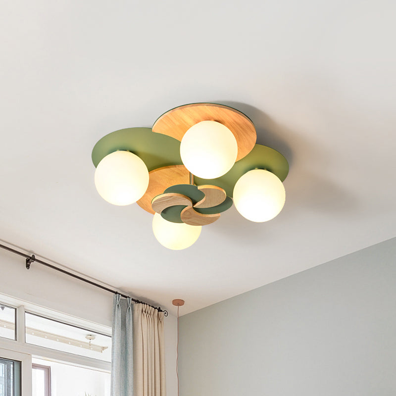 Nordic Windmill Wood Semi-Flush Mount Lighting 4 Bulbs Ceiling Fixture for Bedroom in Green/White Green Clearhalo 'Ceiling Lights' 'Close To Ceiling Lights' 'Close to ceiling' 'Semi-flushmount' Lighting' 812539