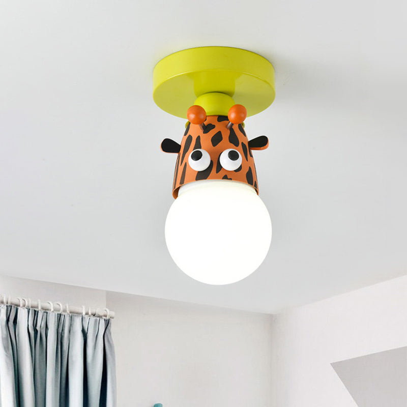 Single Bulb Bedroom Semi-Flush Mount Lighting Kids Yellow Ceiling Lamp with Giraffe/Monkey/Tiger Metal Shade Yellow Giraffe Clearhalo 'Ceiling Lights' 'Close To Ceiling Lights' 'Close to ceiling' 'Semi-flushmount' Lighting' 812547