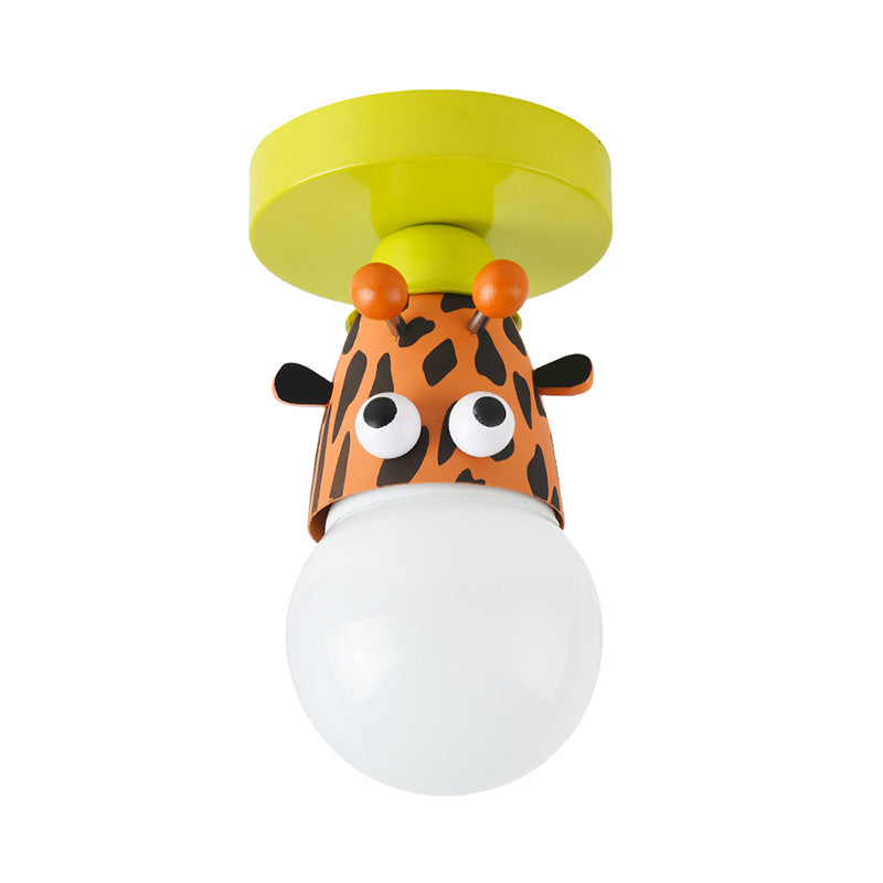 Single Bulb Bedroom Semi-Flush Mount Lighting Kids Yellow Ceiling Lamp with Giraffe/Monkey/Tiger Metal Shade Clearhalo 'Ceiling Lights' 'Close To Ceiling Lights' 'Close to ceiling' 'Semi-flushmount' Lighting' 812548