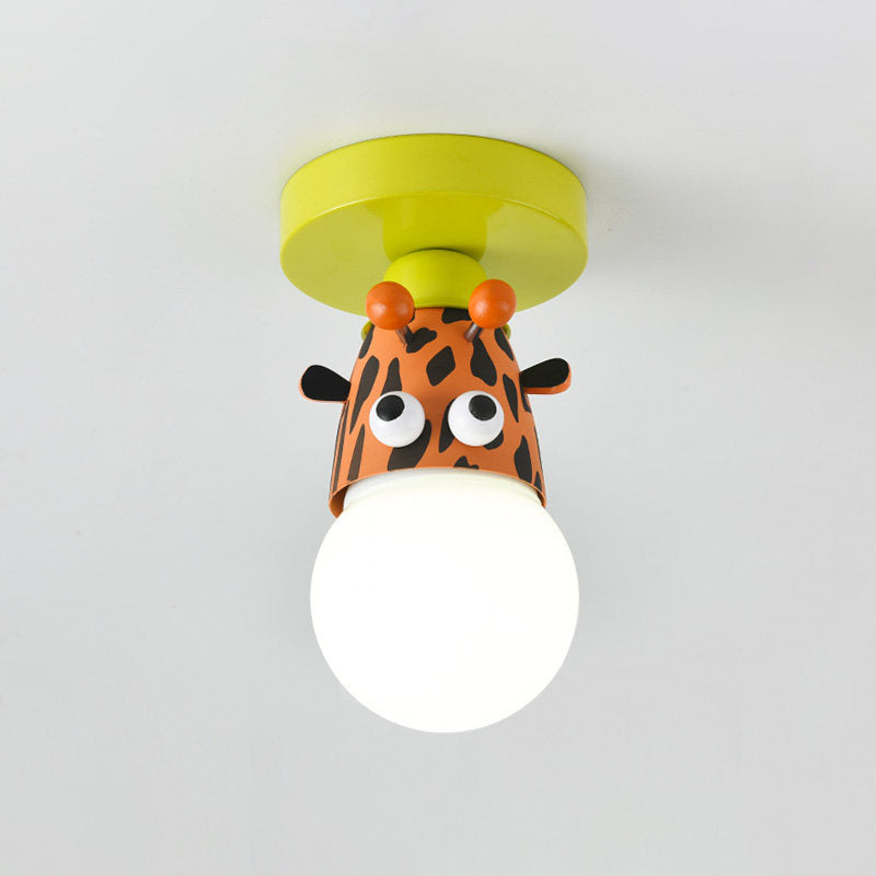 Single Bulb Bedroom Semi-Flush Mount Lighting Kids Yellow Ceiling Lamp with Giraffe/Monkey/Tiger Metal Shade Clearhalo 'Ceiling Lights' 'Close To Ceiling Lights' 'Close to ceiling' 'Semi-flushmount' Lighting' 812549