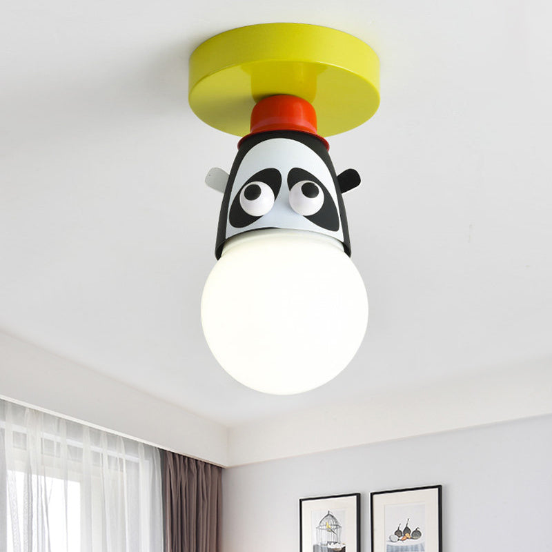 Single Bulb Bedroom Semi-Flush Mount Lighting Kids Yellow Ceiling Lamp with Giraffe/Monkey/Tiger Metal Shade Yellow Panda Clearhalo 'Ceiling Lights' 'Close To Ceiling Lights' 'Close to ceiling' 'Semi-flushmount' Lighting' 812551