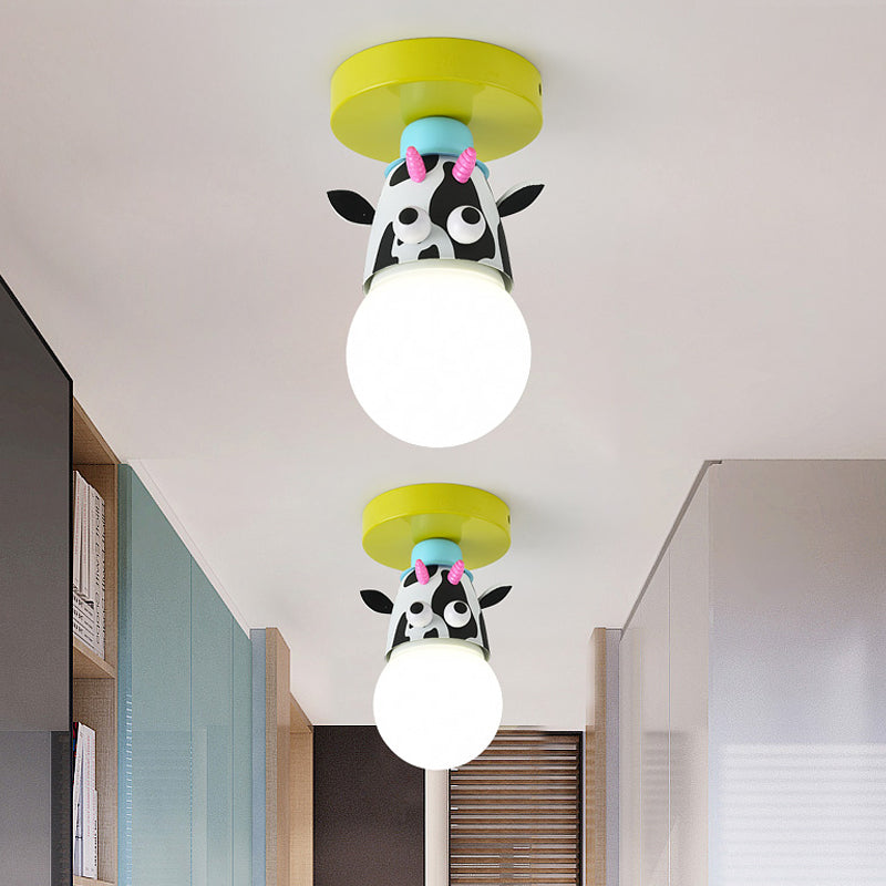 Single Bulb Bedroom Semi-Flush Mount Lighting Kids Yellow Ceiling Lamp with Giraffe/Monkey/Tiger Metal Shade Yellow Cow Clearhalo 'Ceiling Lights' 'Close To Ceiling Lights' 'Close to ceiling' 'Semi-flushmount' Lighting' 812555