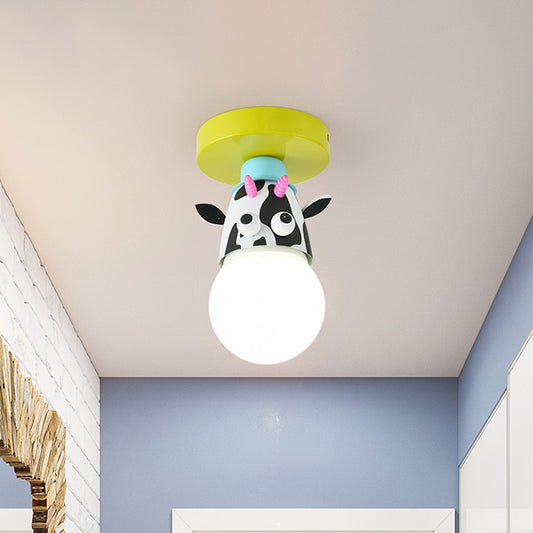 Single Bulb Bedroom Semi-Flush Mount Lighting Kids Yellow Ceiling Lamp with Giraffe/Monkey/Tiger Metal Shade Clearhalo 'Ceiling Lights' 'Close To Ceiling Lights' 'Close to ceiling' 'Semi-flushmount' Lighting' 812556