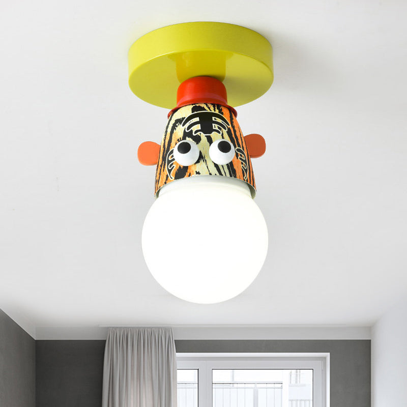 Single Bulb Bedroom Semi-Flush Mount Lighting Kids Yellow Ceiling Lamp with Giraffe/Monkey/Tiger Metal Shade Yellow Tiger Clearhalo 'Ceiling Lights' 'Close To Ceiling Lights' 'Close to ceiling' 'Semi-flushmount' Lighting' 812559