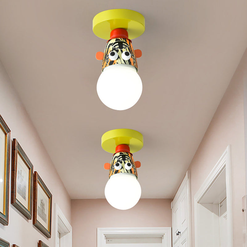 Single Bulb Bedroom Semi-Flush Mount Lighting Kids Yellow Ceiling Lamp with Giraffe/Monkey/Tiger Metal Shade Clearhalo 'Ceiling Lights' 'Close To Ceiling Lights' 'Close to ceiling' 'Semi-flushmount' Lighting' 812560