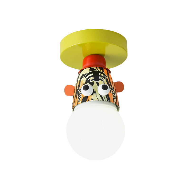 Single Bulb Bedroom Semi-Flush Mount Lighting Kids Yellow Ceiling Lamp with Giraffe/Monkey/Tiger Metal Shade Clearhalo 'Ceiling Lights' 'Close To Ceiling Lights' 'Close to ceiling' 'Semi-flushmount' Lighting' 812561