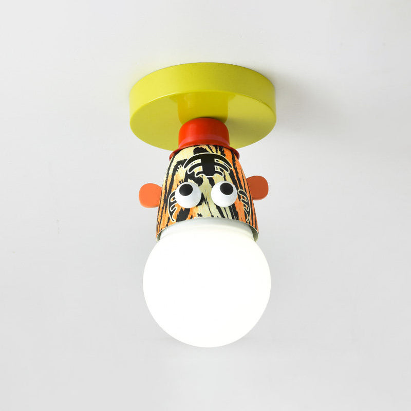 Single Bulb Bedroom Semi-Flush Mount Lighting Kids Yellow Ceiling Lamp with Giraffe/Monkey/Tiger Metal Shade Clearhalo 'Ceiling Lights' 'Close To Ceiling Lights' 'Close to ceiling' 'Semi-flushmount' Lighting' 812562