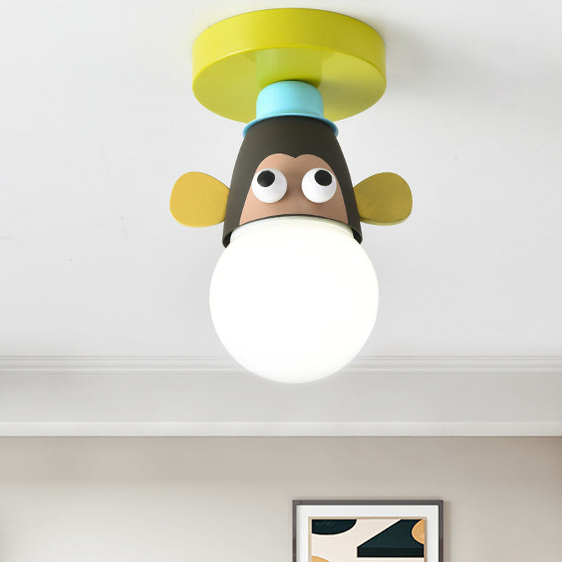 Single Bulb Bedroom Semi-Flush Mount Lighting Kids Yellow Ceiling Lamp with Giraffe/Monkey/Tiger Metal Shade Yellow Monkey Clearhalo 'Ceiling Lights' 'Close To Ceiling Lights' 'Close to ceiling' 'Semi-flushmount' Lighting' 812563