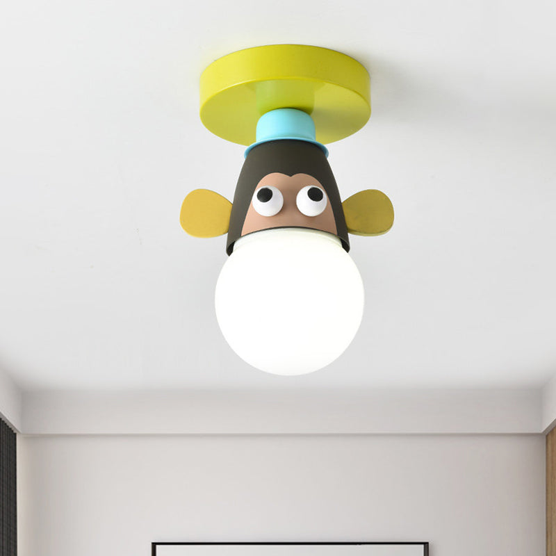 Single Bulb Bedroom Semi-Flush Mount Lighting Kids Yellow Ceiling Lamp with Giraffe/Monkey/Tiger Metal Shade Clearhalo 'Ceiling Lights' 'Close To Ceiling Lights' 'Close to ceiling' 'Semi-flushmount' Lighting' 812564