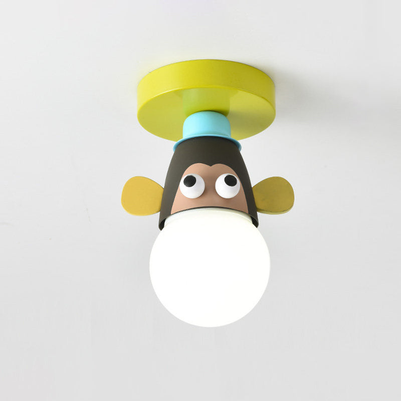 Single Bulb Bedroom Semi-Flush Mount Lighting Kids Yellow Ceiling Lamp with Giraffe/Monkey/Tiger Metal Shade Clearhalo 'Ceiling Lights' 'Close To Ceiling Lights' 'Close to ceiling' 'Semi-flushmount' Lighting' 812566