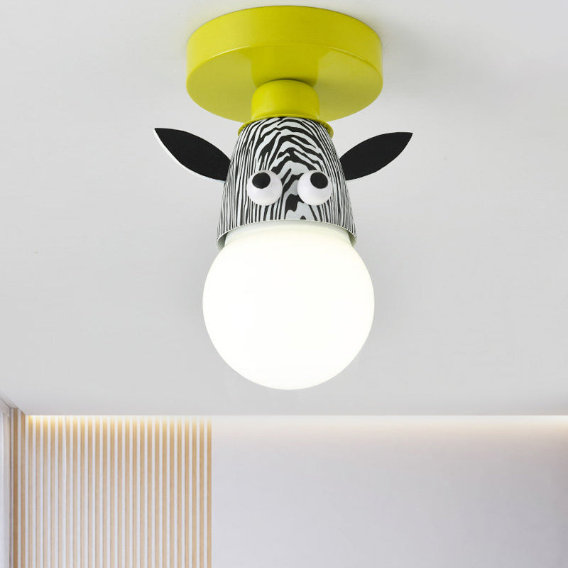 Single Bulb Bedroom Semi-Flush Mount Lighting Kids Yellow Ceiling Lamp with Giraffe/Monkey/Tiger Metal Shade Yellow Horse Clearhalo 'Ceiling Lights' 'Close To Ceiling Lights' 'Close to ceiling' 'Semi-flushmount' Lighting' 812567