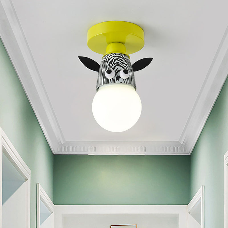 Single Bulb Bedroom Semi-Flush Mount Lighting Kids Yellow Ceiling Lamp with Giraffe/Monkey/Tiger Metal Shade Clearhalo 'Ceiling Lights' 'Close To Ceiling Lights' 'Close to ceiling' 'Semi-flushmount' Lighting' 812568