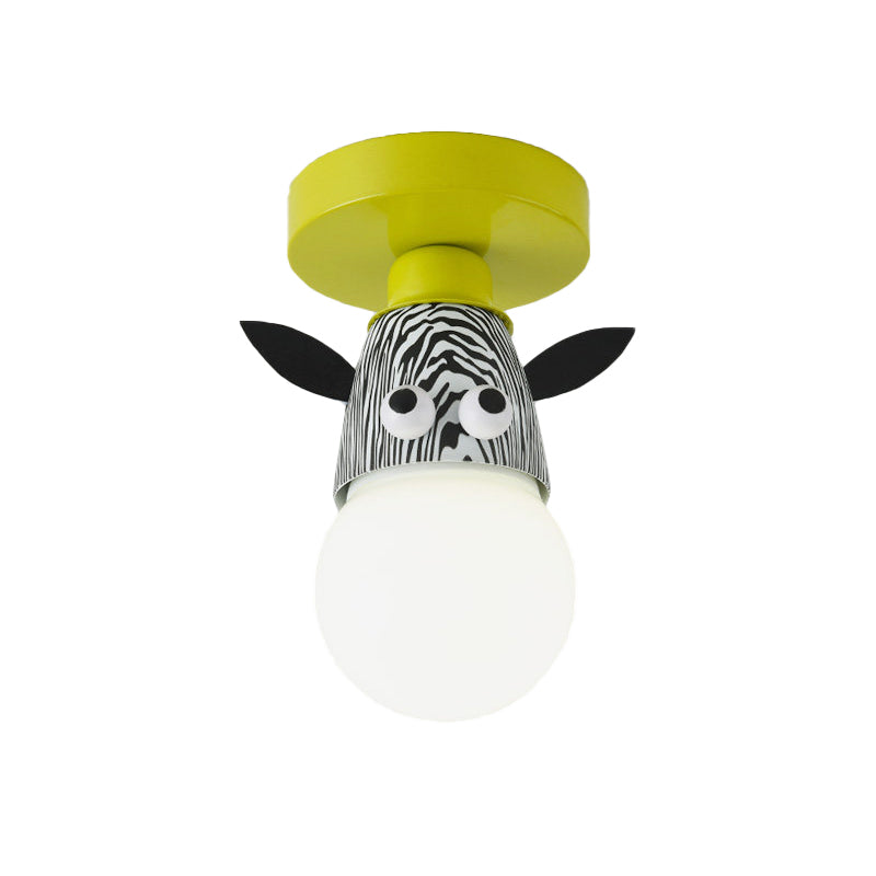 Single Bulb Bedroom Semi-Flush Mount Lighting Kids Yellow Ceiling Lamp with Giraffe/Monkey/Tiger Metal Shade Clearhalo 'Ceiling Lights' 'Close To Ceiling Lights' 'Close to ceiling' 'Semi-flushmount' Lighting' 812569